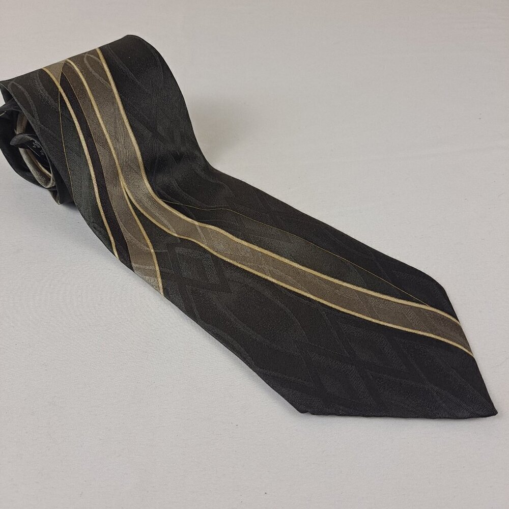 J. Ferrar Black Gray Cream Men's Tie 100% Silk Stripes and Diamond Shapes
